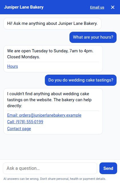 The chat bubble on a bakery website: it answers a question about opening hours with a link to the Hours page, then says it could not find anything about cake tastings and shows the bakery’s email, phone and contact page.