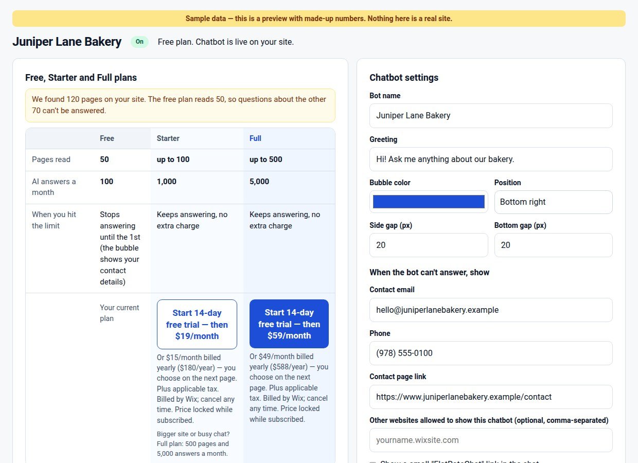 The FlatRateChat page inside a Wix dashboard: a Free, Starter and Full plan comparison box with an answers meter, and the chatbot settings form with bot name, greeting, bubble colour, position and fallback contact details.