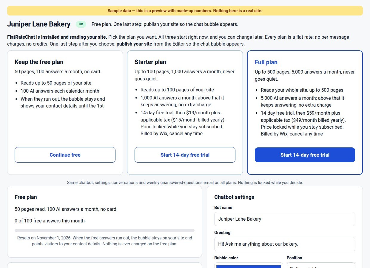 The first screen of the FlatRateChat page in a Wix dashboard, showing three cards: keep the free plan, start a Starter free trial, or start a Full free trial, with the included pages and answers listed on each.